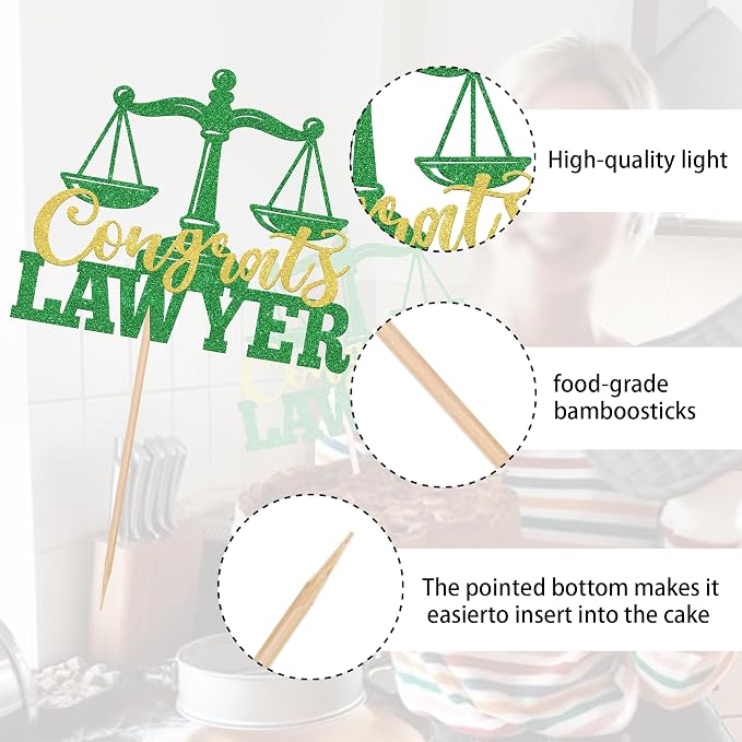 1 Pack Congrats Lawyer Cake Topper Glitter Class of 2026 Law School Survivor Cake Pick 2026 Graduation Cake Decorations for 2026 Lawyer Graduation Party Supplies Green Gold