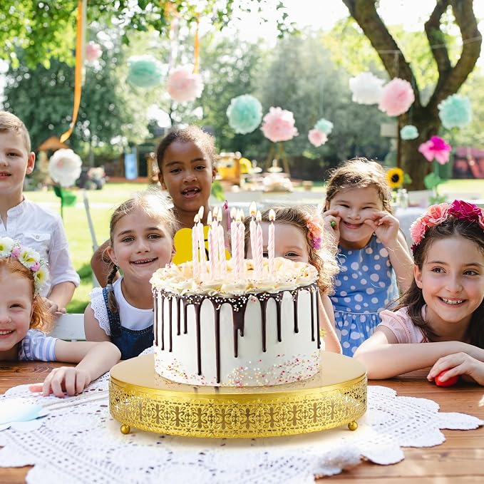 Wenqik 14 Inch Gold Cake Stand Set Metal Round Cupcake Dessert Wedding Cake Stand with Cutting & Spatula Cookies Display Holder Fruit Serving Tray for Table Wedding Birthday Anniversary Party