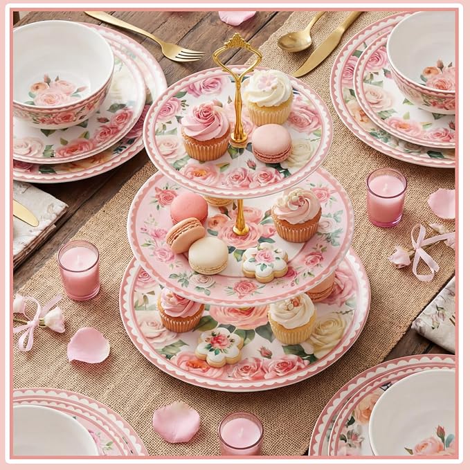 Lallisa Pink Floral Party 3 Tier Dessert Stand 10", 9" and 7" Ceramic Serving Tray Dessert Cupcake Display Holder Tower for Wedding Baby Bridal Shower Tea Party Decoration
