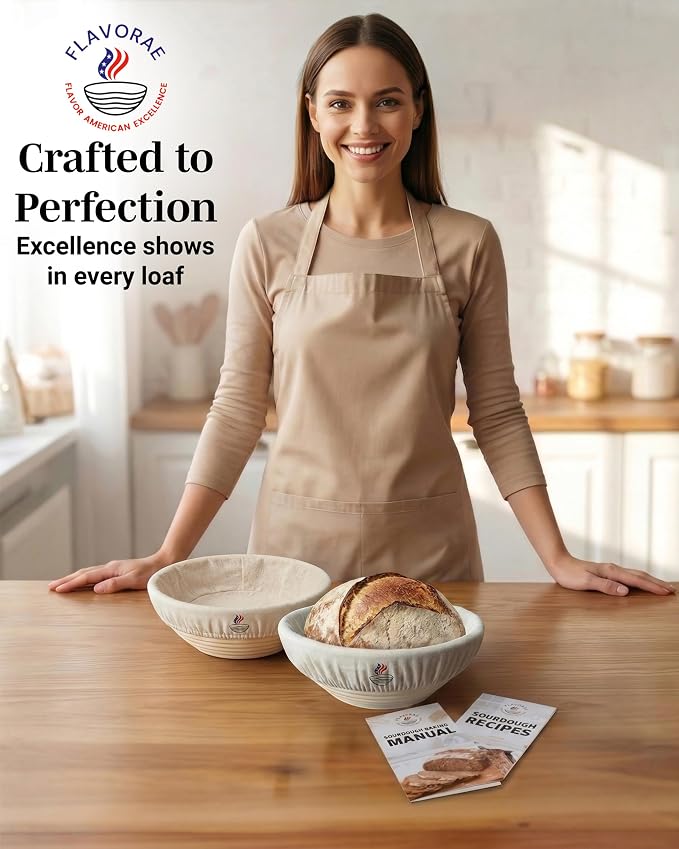 Banneton Bread Proofing Basket with Liners - Natural Rattan Dough Riser, Sourdough Bread Basket, Artisan Bread Loaves, Homemade Bread Making - 2 Pack 9 " Round Basket