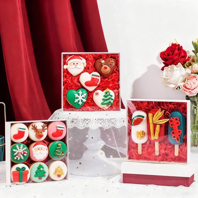 6x6x1.25Inches 50PCS Treat Boxes with Clear display lid for Cookies,Macaron,Cakesicle,Dount,Pastry,Chocolate Covered Ores or More