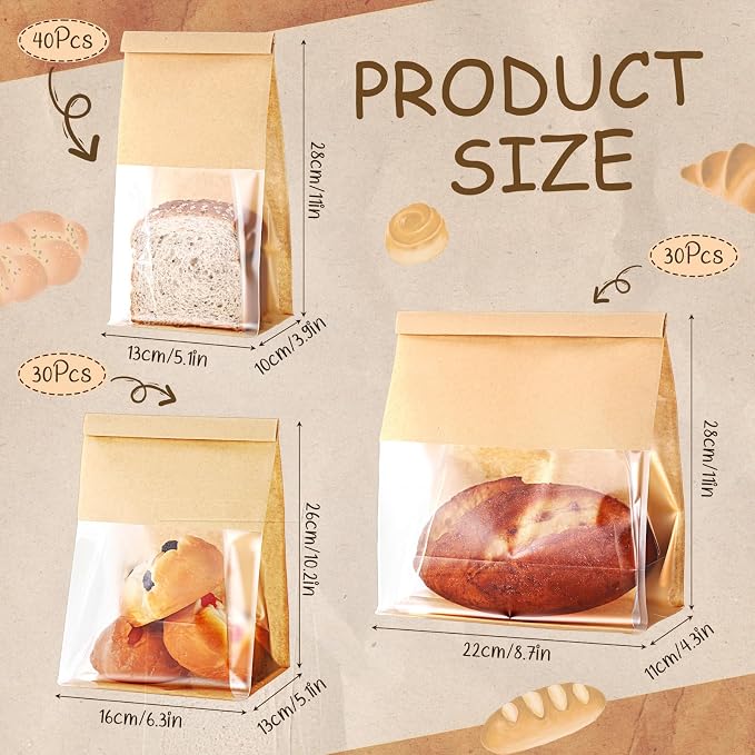 AmazingSpark 100 Pcs Paper Bread Bags with Tin Tie sourdough bread bags Storage Packing Bag with Clear Window for Gifting, Bakery (Brown)