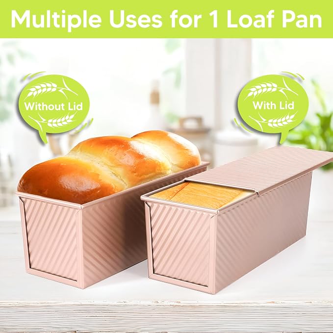 Pullman Loaf Pan with Lid, 2.2Lb 12.5 x 4.6 inch Carbon Steel Bread Pan for Shokupan Japanese Milk Bread, Non-Stick PFOA-Free Silicone Coating, Pain de Mie Sandwich Loaf Tin with 3 Scrapers
