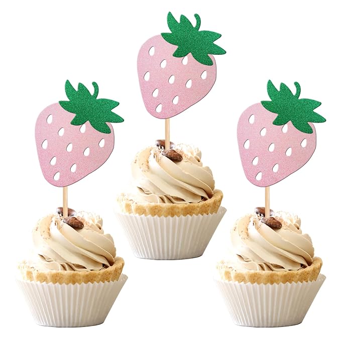24 PCS Strawberry Cupcake Toppers Red Glitter Fruit Theme Berry Strawberry Cupcake Picks for Summer Sweet Fruit Baby Shower Kids Birthday Party Cake Decorations Supplies Pink