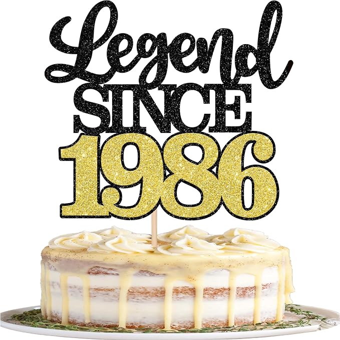 1 PCS Legend Since 1986 Cake Topper Black Gold Glitter Forty Happy 40th Birthday Cake Pick Cheers to 40 Years Cake Decoration for 40th Birthday Wedding Anniversary Party Decorations Supplies