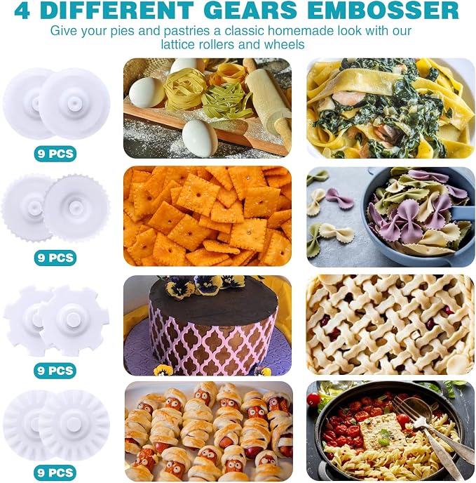 Pastry Dough Lattice Cutter Wheel Roller Fondant Ribbon Cutter with 4 Different Gears Embosser Set Household Time-Saver Baking Pastry Tools for Dough Cookie Pie Pizza Bread Pastry
