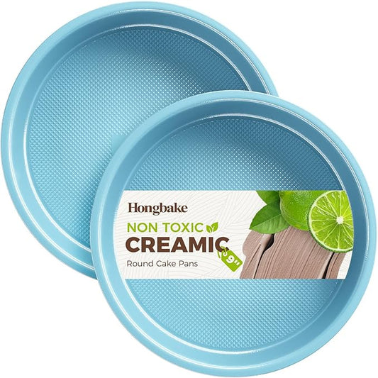 HONGBAKE Nonstick Ceramic 9 Inch Round Cake Pan Set of 2, Heavy-Duty Aluminized Steel Round Cake Pans with Diamond Texture, Non-Toxic Cake Molds, Cake Pans 9 Inch Round for Baking Cheesecake, Blue