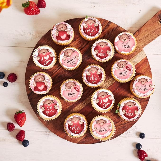 48PCS Edible Valentine's Day Bear Cupcake Toppers Wafer Paper I Love You Sweet Love Heart Cupcake Picks Be My Valentine Cake Decor for Valentine's Day Theme Party Decor Supplies