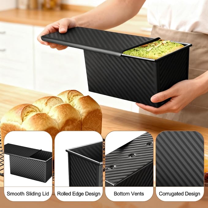2 Pack Pullman Loaf Pan with Lid, 1 lb Dough Capacity Non-Stick Bakeware for Baking Bread, Carbon Steel Bread Toast Box with Cover, Homemade Sandwich Toast, Black