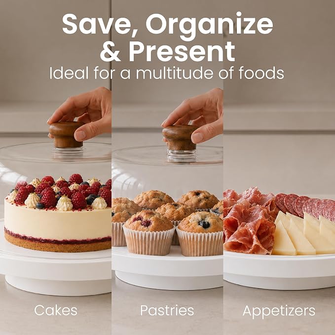 Rotating Acacia Wood Cake Stand with Lid Anti-Mold 12 Inch - 2-in-1 Wooden Charcuterie Board - Covered Dessert Plate with Acrylic Dome - Vintage Pastry Display - Tall Domed Serving Stand Platter - White