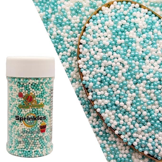 CandiJumpin 2mm Teal and White Edible Pearls, White and Teal Nonpareils Sprinkles Small Pearl Sprinkles for Cake Decorating Mini Sugar Pearls for Baking Baby Shower Party Wedding Christmas Supplies 3 OZ