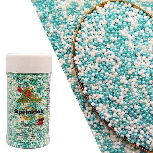CandiJumpin 2mm Teal and White Edible Pearls, White and Teal Nonpareils Sprinkles Small Pearl Sprinkles for Cake Decorating Mini Sugar Pearls for Baking Baby Shower Party Wedding Christmas Supplies 3 OZ