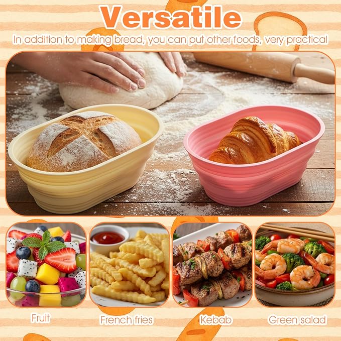 4 Pcs Oval Silicone Bread Proofing Basket Set, 10 Inch Foldable Sourdough Banneton Basket for Non-Stick Dough Rising - Oven, Dishwasher Safe (Beige, Green, Orange, Pink)
