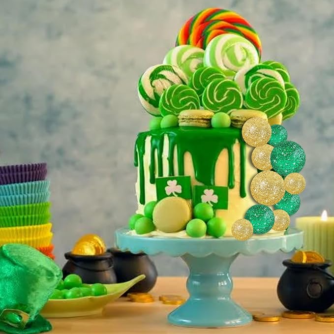BEISHIDA 40 Pcs Ball Cake Toppers Mini Balls Cake Decorations Green Gold Foam Balls Sticks DIY Cake Topper for St Patrick's Day Congrats Grade 2026 Graduation Birthday Decorations (Green Gold)