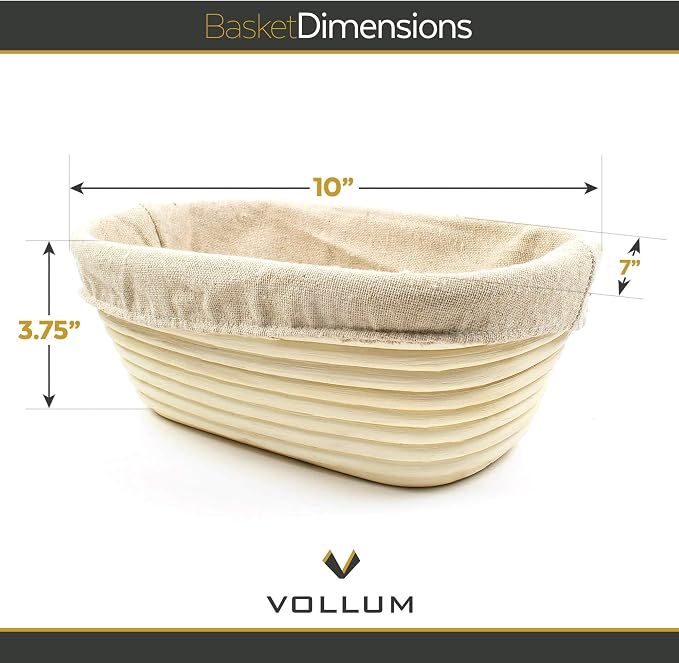 Vollum Banneton Bread Proofing Basket & Liner – Handmade Rustic Sourdough Bread Baking Supplies, Brotform, Sour Dough Tools, Gifts for Bakers - Oval - 10 x 7 x 3.75"H