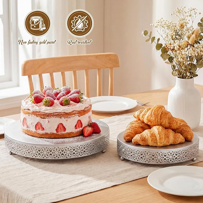 Wenqik 3 Pcs Cake Stand 16'' 14'' 12'' Round Metal Cake Stand Bases Display Holder Cookies Serving Tray Display Plate Cupcake Dessert Pastry Riser for Wedding Birthday Party(Vintage Style, Silver)