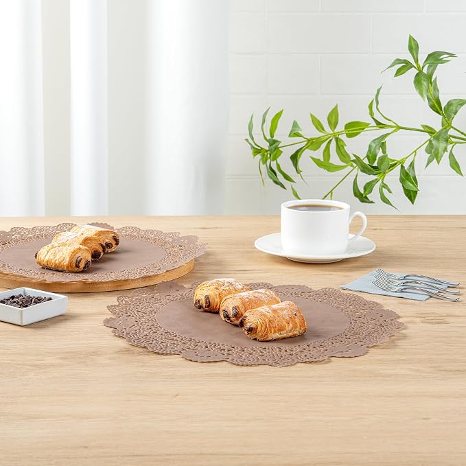 Restaurantware-Pastry Tek 12 x 12 Inch Paper Lace Doilies, 4000 Disposable Table Doilies - Elegant Lace Finish, Long Lasting, Brown Paper Placemat, for Pastries, Cupcakes, Desserts