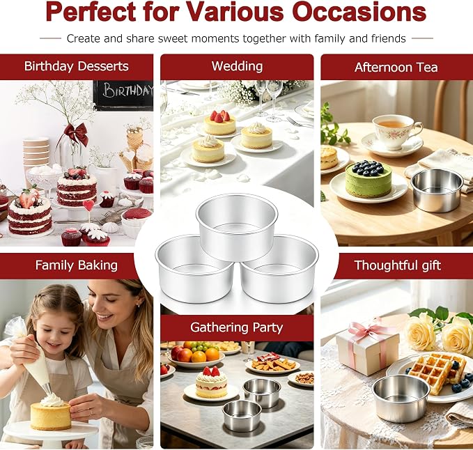 LIANYU 4 Inch Cake Pan Set of 3, Stainless Steel Mini Round Baking Pans, Non Toxic Small Metal Bakeware Tins for Birthday Wedding Christmas Party, Leak-proof & Dishwasher Safe