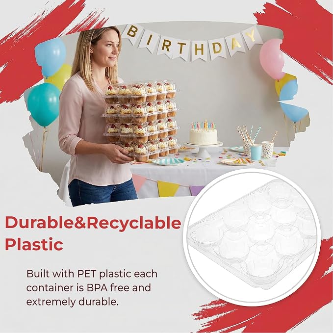 Hedume 12 Pack Cupcake Carrier, 12 Counts Stackable Cupcake Boxes, Clear Cupcake Container with Detachable Lid for Cupcakes, Muffin, BPA-free