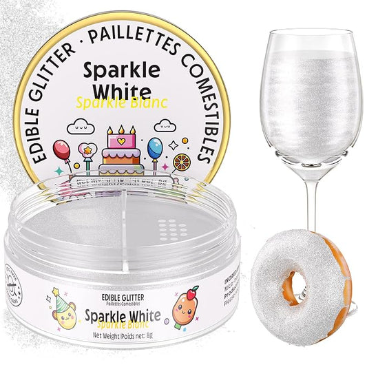Nomeca Edible Glitter for Drinks Cakes, 8 grams Food Grade Luster Dust Sprinkles Glitter for Cake Decorations, DIY Cocktails, Beverages & Cake Decorating, Dessert Cake Topper (6-Sparkle White)
