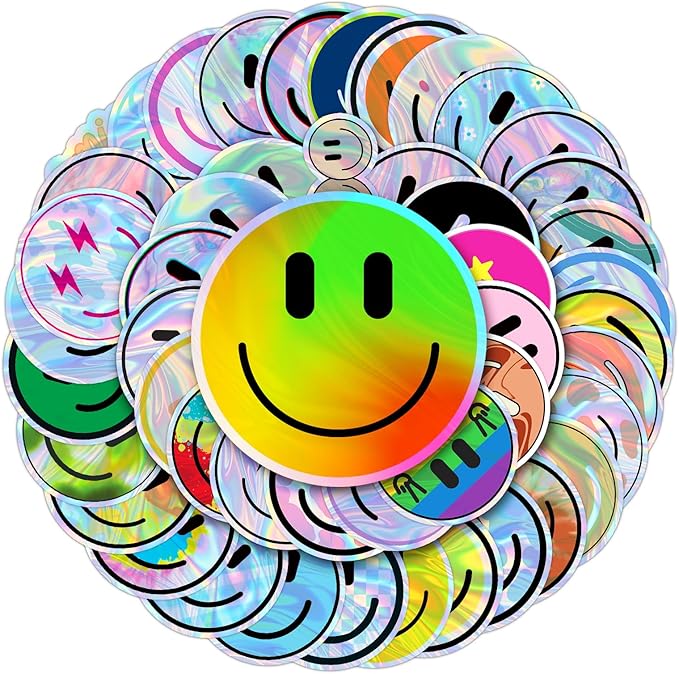 50PCS Smile Holographic Stickers | Cute Water Bottle Stickers for Kids, for Teaching Rewards, Notebooks, Stationery, Luggage, Cartoon PVC Smile Face Stickers