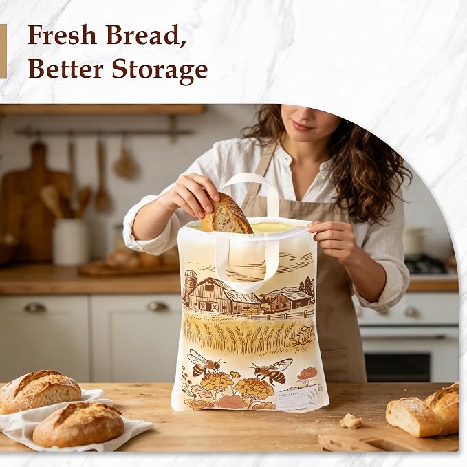 2 Pack Beeswax Bread Bags for Sourdough, 17x13 Inch Reusable Cotton Bread Storage Bags with Zipper and Handle Natural Beeswax Lining Freezer Friendly with 10 Food Labels Included (Farm Bees)