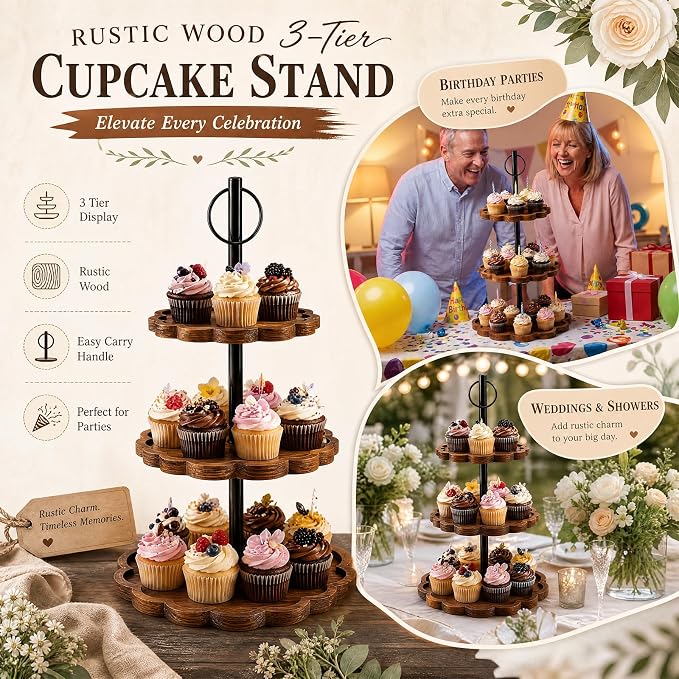 Willinglong 3 Tier Cupcake Stand Holder, Wavy Edge Cake Stand, Rustic Dessert Table Display Set Rotating Wood Cupcake Tower with Tiered Serving Tray for Cupcakes Wedding Birthday