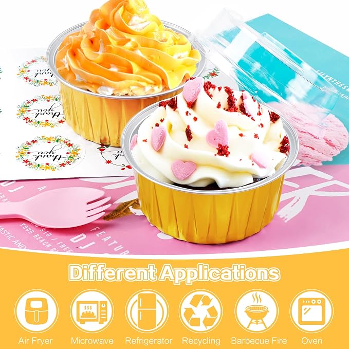 30Pcs Mini Cake Pans with Lids Aluminum Foil, ZOXILEN 5oz Disposable Mini Loaf pans with Lids Spoons, Round Small Baking Cups Pie Tins Cheesecake Containers for Party Gold