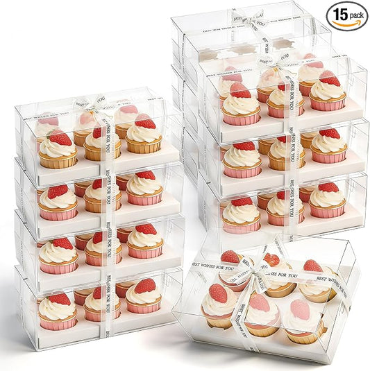 Cedilis 15 Pack Clear Cupcake Boxes, 6 Count Cupcake Containers with Gift Ribbon, Plastic Cupcake Carrier Holder for Treat Dessert Cookies Muffins Pastry Baby Shower Party