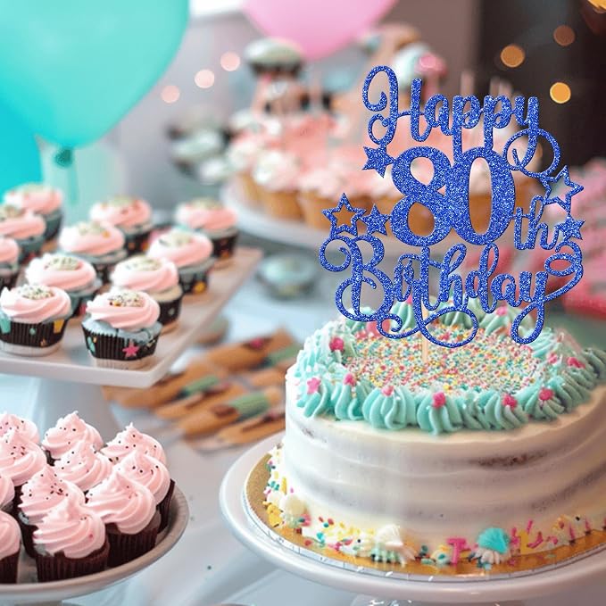 1 PCS Happy 80th Birthday Cake Topper Glitter Cheers to 80 Years Birthday Cake Pick Hello 80 Fabulous Cake Decoration for Happy 80th Birthday Anniversary Party Decorations Supplies Blue