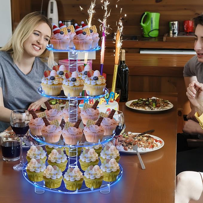 YestBuy 4 Tier Round Cupcake Stand – Premium Cupcake Holder – Acrylic Cupcake Tower Display- Cady Bar Party Décor + LED Light String – Ideal for Weddings, Birthday Parties & Events (Blue)