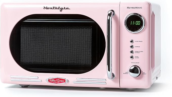 Nostalgia Countertop Microwave Oven with Easy Clean Interior - Retro Microwave with LED Display & Child Lock- Compact 0.7 Cu. Ft. Oven With 12 Pre-Programmed Settings for Quick Cooking- 700-Watts-Pink