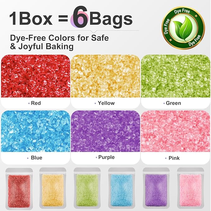 HUEBEATY 6-in-1 Dye Free Sprinkles for Baking – 180g Rainbow Sanding Sugar Sprinkles, Natural Colored Sugar Crystals, No Artificial Dyes Red Green Yellow Blue Purple Pink for Cake Decorating, Cookies & Cupcakes