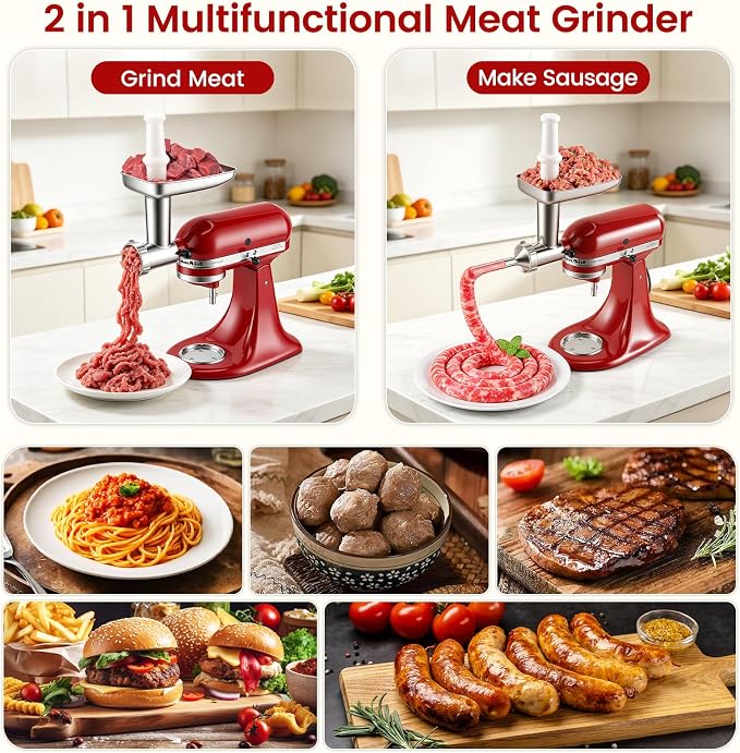 Stainless Steel Meat Grinder Attachment for KitchenAid Stand Mixer, Food Grade, Heavy Duty, No Clog, Dishwasher Safe, Sausage Stuffer & Burger Maker