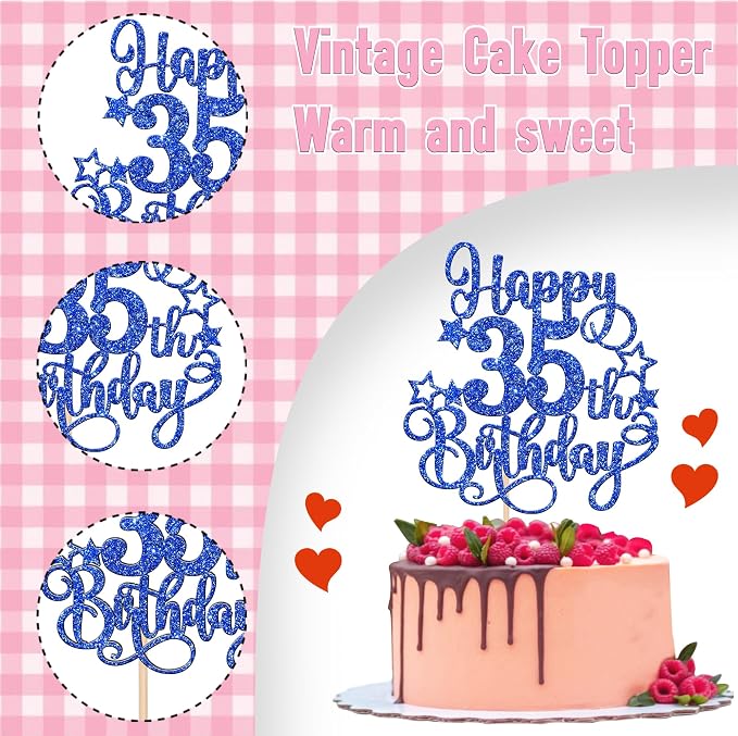 1 PCS Happy 35th Birthday Cake Topper Glitter Cheers to 35 Years Birthday Cake Pick Hello 35 Fabulous Cake Decoration for Happy 35th Birthday Anniversary Party Decorations Supplies Blue