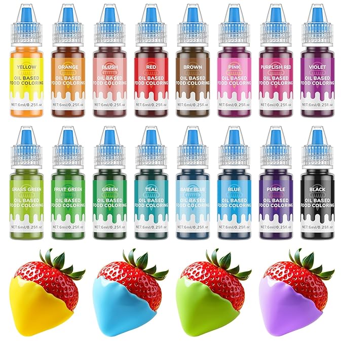 Oil-Based Food Coloring for Chocolate - 16 Colors Oils Dye Set Flavorless Edible Food Color Vibrant Neon Icing Colors for Candy Melts, Baking, Fondant, Icing, and Cake Decorating(0.25 fl.oz)