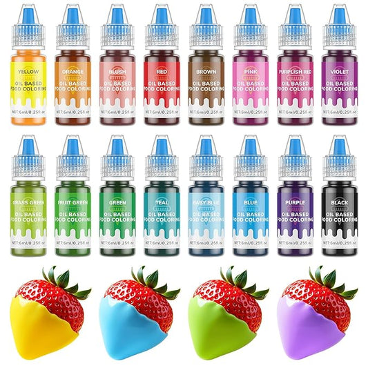 Oil-Based Food Coloring for Chocolate - 16 Colors Oils Dye Set Flavorless Edible Food Color Vibrant Neon Icing Colors for Candy Melts, Baking, Fondant, Icing, and Cake Decorating(0.25 fl.oz)