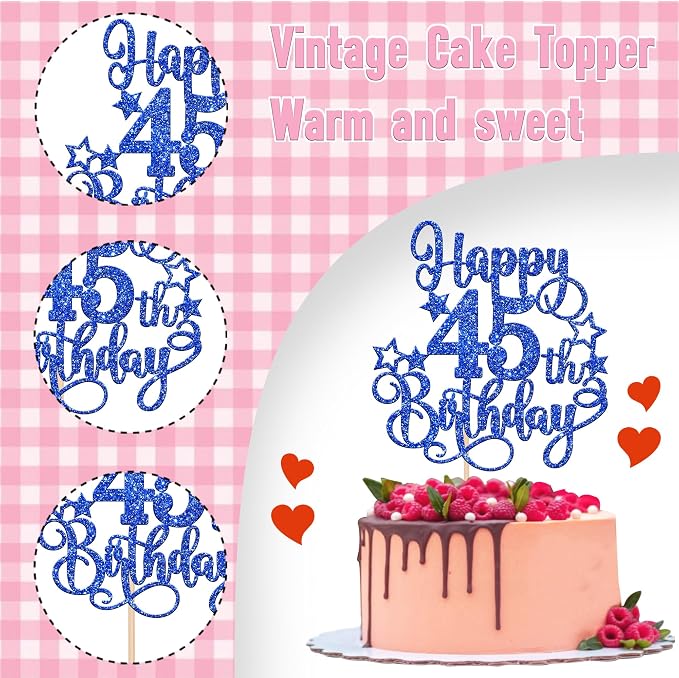 1 PCS Happy 45th Birthday Cake Topper Glitter Cheers to 45 Years Birthday Cake Pick Hello 45 Fabulous Cake Decoration for Happy 45th Birthday Anniversary Party Decorations Supplies Blue
