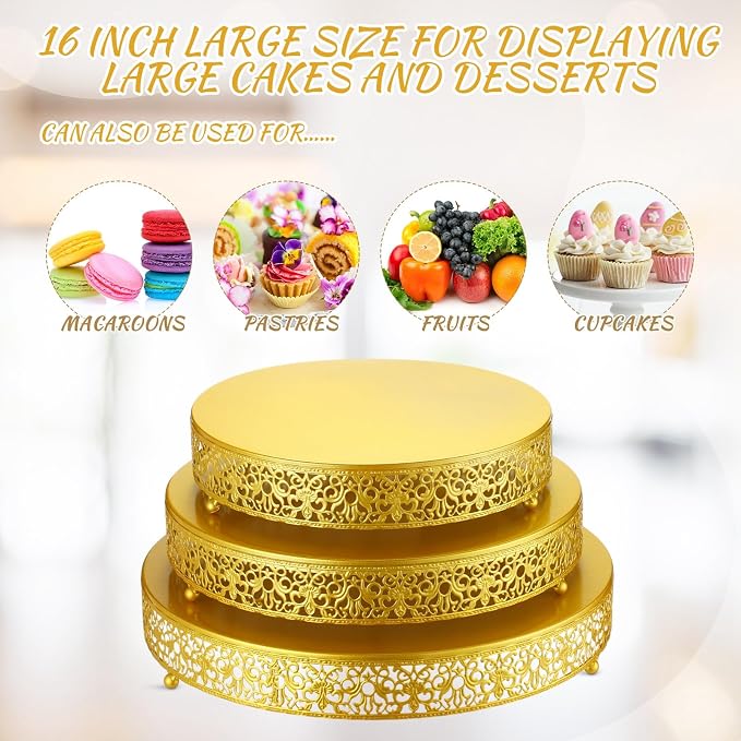 Wenqik 3 Pcs 16'' 14'' 12'' Metal Gold Cake Stand Round Cake Stands for Dessert Table Cookies Fruit Serving Tray Cupcake Dessert Pastry Riser for Wedding Birthday Party and Events