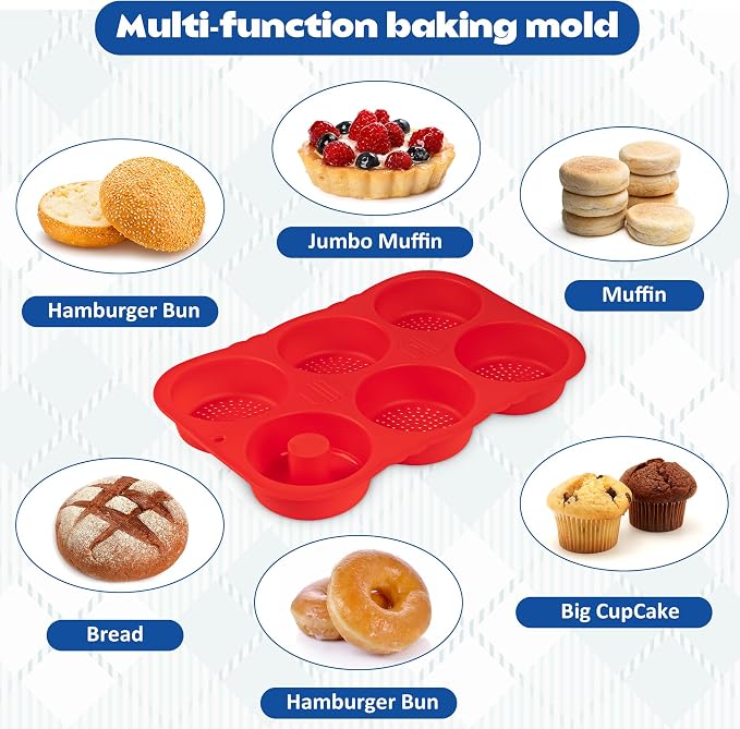 Silicone Hamburger Bun Mold and Bagel Pan, 6 Donut Inserts, 4 Inch | Hamburger Bun and Bagel Mold, Food-Grade Platinum Silicone, Non-Stick, Dishwasher Safe, 6PCS Donut Inserts Included