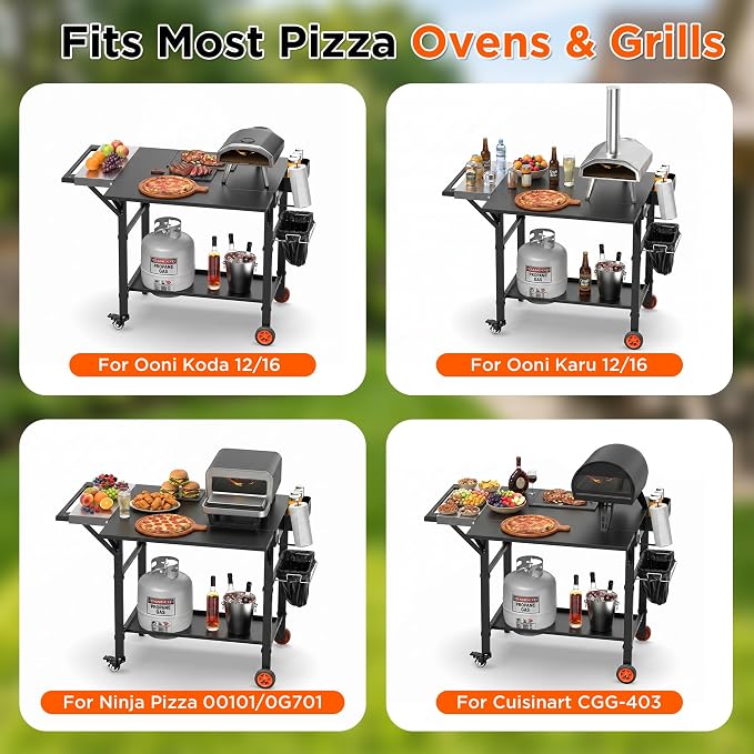 Pizza Oven Table for Ooni Pizza Ovens, Grill Cart Table with Topping Station, Large Countertop Pizza Oven Stand, Foldable Outdoor Cooking Stand with Propane Storage