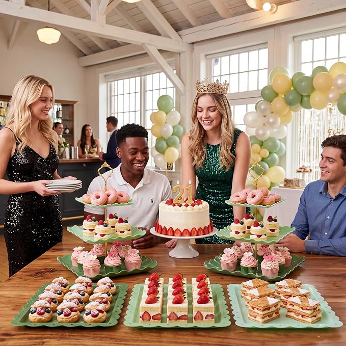 FoldTier 6 Pack Cupcake Stand Set 3 Pcs 3 Tier Gradient Dessert Table Display Stands Cookie Tray Rack 3 X14 in Rectangle Party Trays for Wedding Birthday Tea Party Baby Shower(Green,Rectangle)