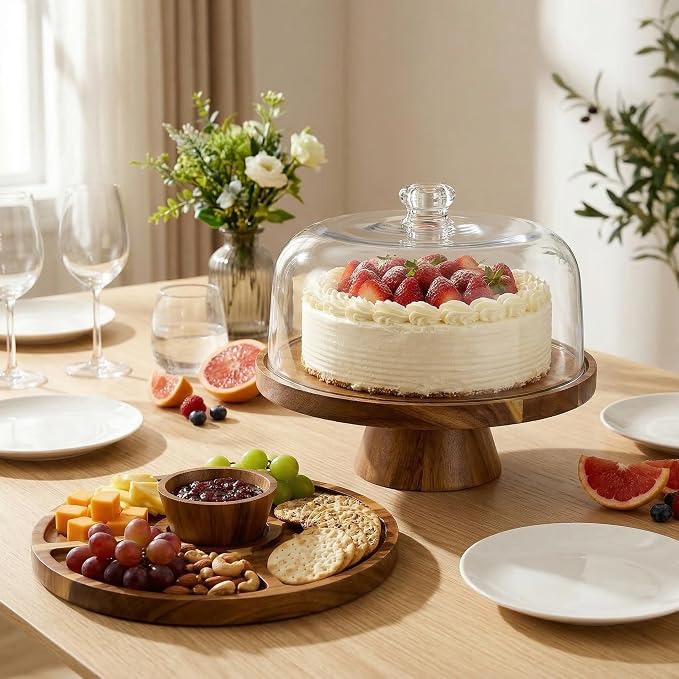 Acacia Wood Cake Stand with Lid - 11.4” Wooden Cake Stand with Dome & Magnetic Base, Cupcake Stand for Birthday Parties & Gatherings, Premium Clear Acrylic Lid for Dessert Display(Magnetic)