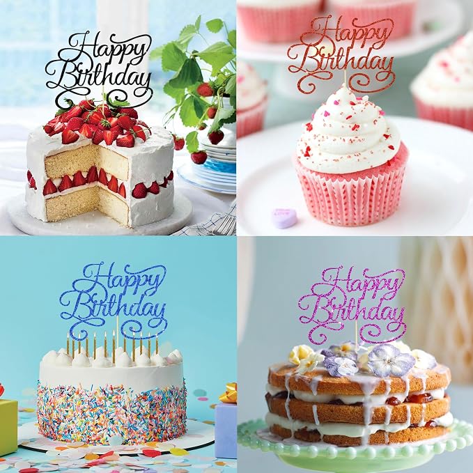 BEISHIDA Happy Birthday Cake Topper Black Glitter Happy Birthday Cake Bunting Decoration Birthday Party Cake Decoration Supplies, for Photo Booth Props