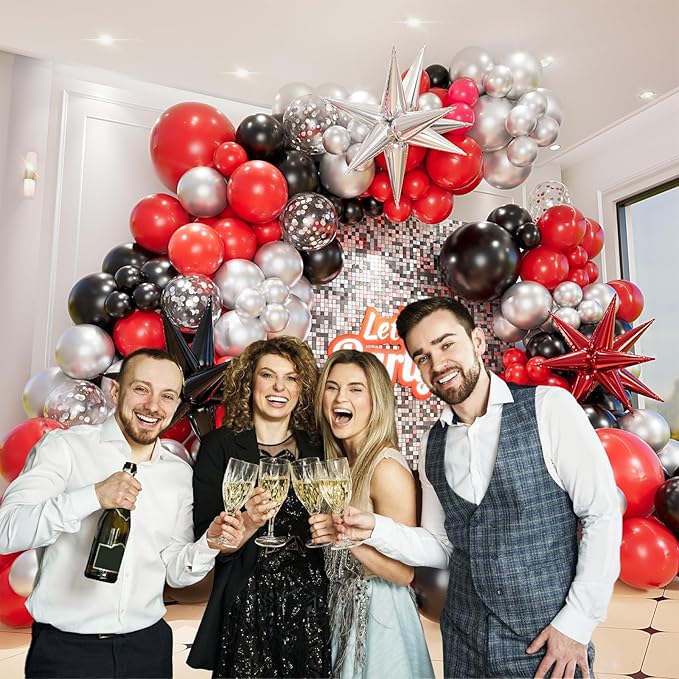 Bonropin 161pcs Red and Black Balloon Arch Kit with Explosion Star Balloons, 5/10/12/18in Red/Black and Metallic Silver Balloons Garland Kit for Birthday Prom Graduation Party Decorations