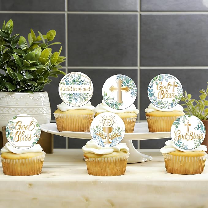 64 PCS Edible God Bless Cupcake Toppers Edible First Communion Cupcake Picks Greenery Leaves Cross Baptism Cake Decorations for God Bless Theme Baby Shower Birthday Party Cake Decorations Supplies