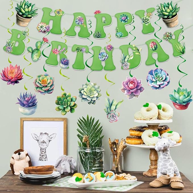Zwiebeco Multicolored Succulent Plants Happy Birthday Banner Bunting Hanging Paper Swirls Garland Party Decorations for Spring Summer Plant Themed Boys Girls Baby Shower Decor Accessories Supplies