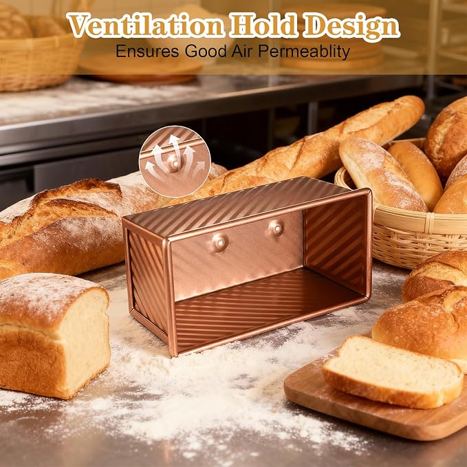 3 Pcs Pullman Loaf Pan with Lid, 2.2lb/1lb/0.5lb Dough Capacity, Non-Stick Carbon Steel Bread Pans for Homemade Bread Sandwich and Toast, Sourdough Loaf Pan with Lid, Corrugated Toast Mold (Golden）