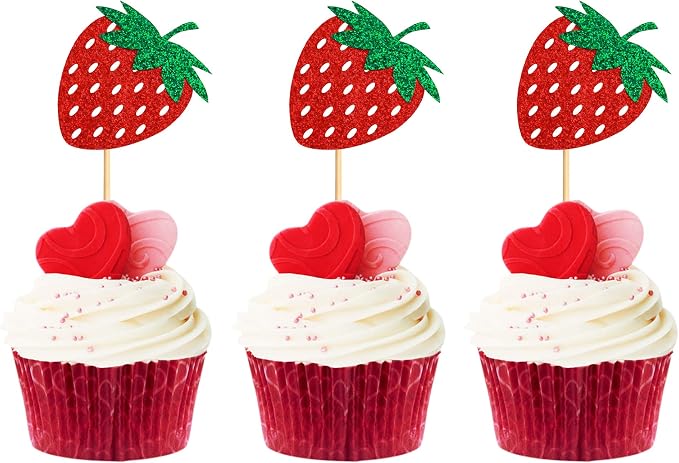 36Pcs Glitter Red Strawberry Cupcake Toppers Red Strawberries Cupcake Picks for Berry Strawberry Baby Shower Kids Boys Girls Birthday Sweet Fruit Party Bridal Shower Wedding Cake Decorations