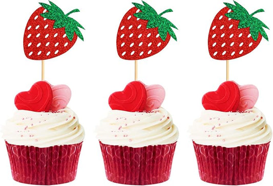 36Pcs Glitter Red Strawberry Cupcake Toppers Red Strawberries Cupcake Picks for Berry Strawberry Baby Shower Kids Boys Girls Birthday Sweet Fruit Party Bridal Shower Wedding Cake Decorations